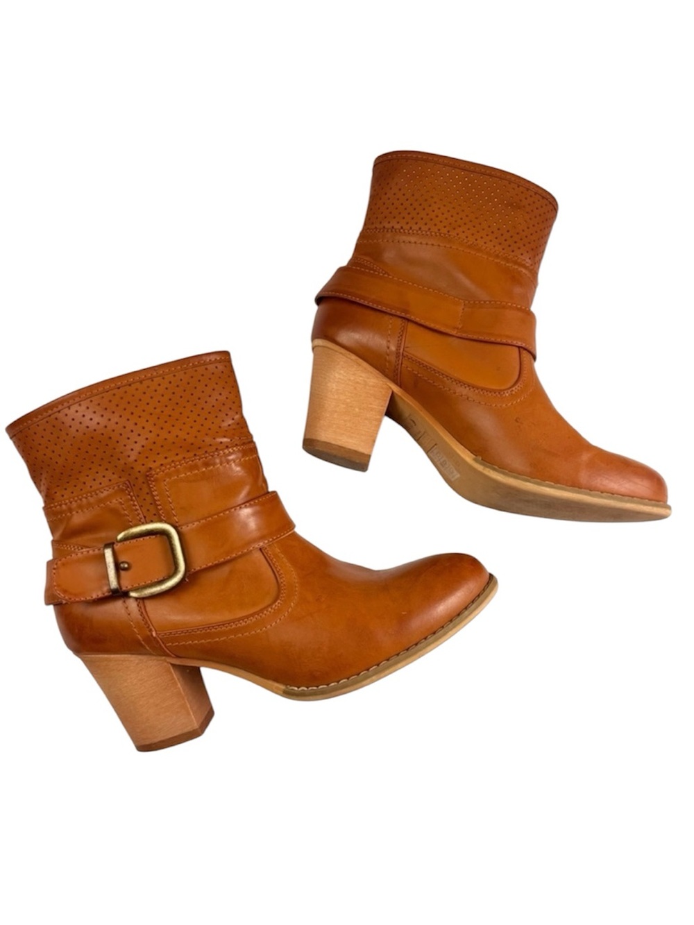 Primadonna Caramel Western Belted  Block Heel Leather Ankle Booties‎ Size 38/7